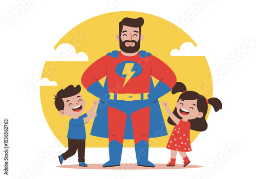 Cartoon superhero dad stands with two kids set against a yellow circle and cloudy sky