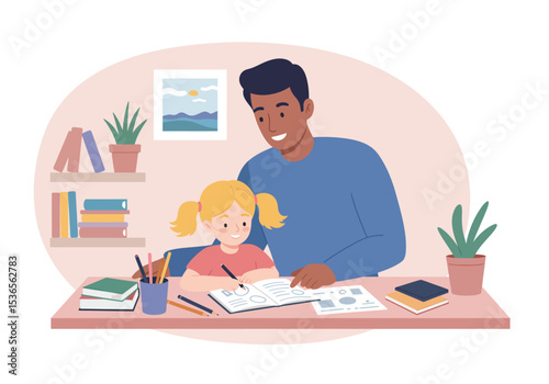 Child drawing at a desk with adult assistance in a room with a plant books and a painting