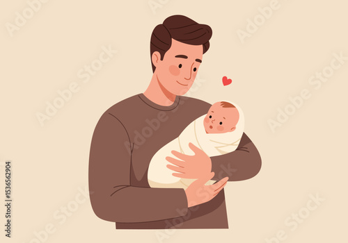 Man cradles a swaddled baby under a heart