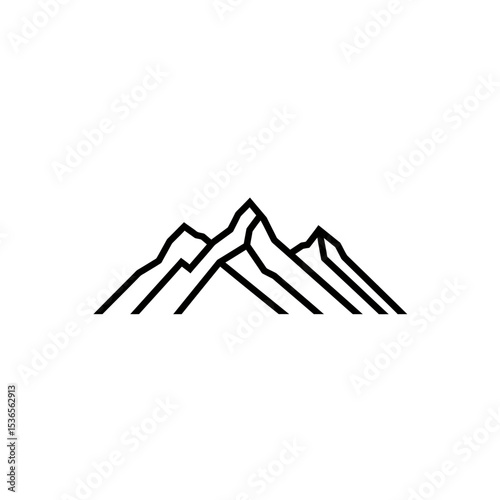 Three stark mountain peaks depicted in minimalist black line art against a white background