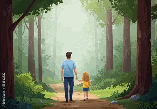 Man and girl walking handinhand on a path in a dense forest