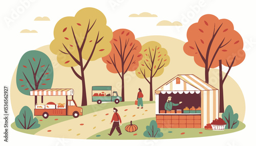 Autumn farmers market. Outdoor fall fair, festival with local farm produce, seasonal food trucks, stalls, tents among trees. Tiny people at shopping in nature landscape. Flat vector illustration      