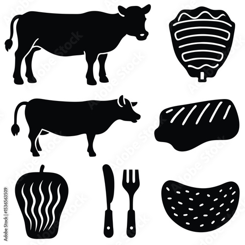 Silhouetted icons illustrating cows beef steak vegetables and cutlery for culinary and farming concepts