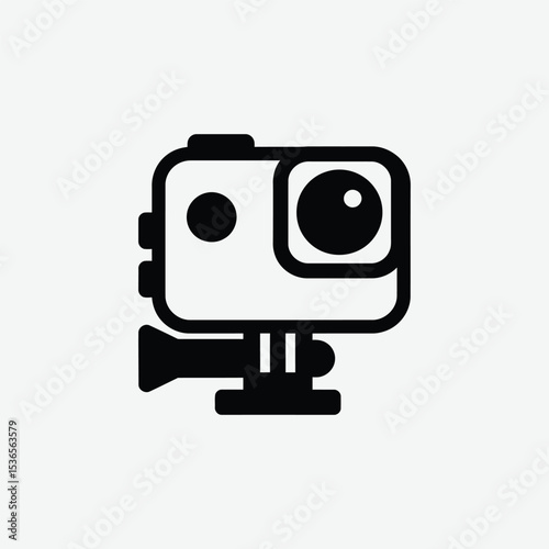 Modern black and white handheld camera icon with clean design, ideal for digital apps, tech UI, or media graphics. Features a lens, buttons, and portable grip on light gray background.