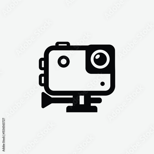Modern black and white handheld camera icon with clean design, ideal for digital apps, tech UI, or media graphics. Features a lens, buttons, and portable grip on light gray background.