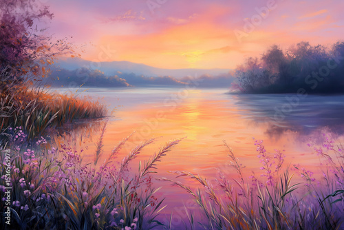 A Serene Landscape at Sunrise, with a Tranquil Lake Reflecting the Vibrant Hues of the Sky with Professional Detail