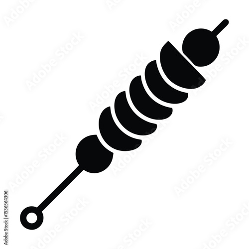 Simple black and white illustration of a skewer with cooked food ingredients