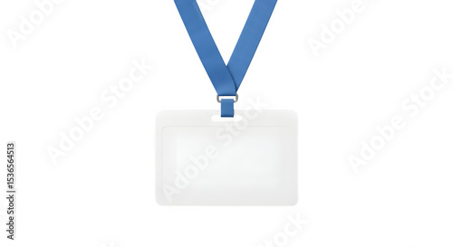 Horizontal white ID badge with blue lanyard on white background, An employee card
