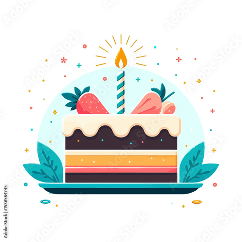delightful birthday cake with a lit candle and strawberries, perfect for websites or blogs celebrating birthdays, anniversaries, parties, or any festive occasion.