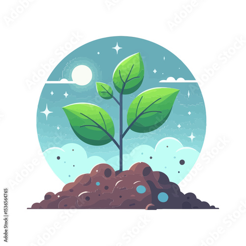 vibrant sprout growing from soil under a starry sky, perfect for websites or blogs about growth, nature, sustainability, new beginnings, or environmental themes.