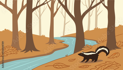 Autumn forest landscape with brown trees, orange leaves covering ground. Blue river flows through woods while black skunk releases green smelly cloud near water. Misty fall woodland background.       