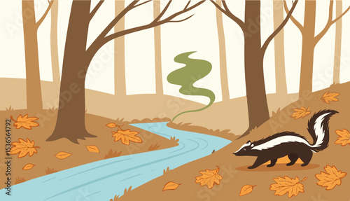 Autumn forest landscape with brown trees, orange leaves covering ground. Blue river flows through woods while black skunk releases green smelly cloud near water. Misty fall woodland background.       