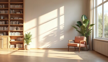 Elegant home library interior with sunlight through window. Bookshelf books, armchair, green plant, sunny window shadow. Empty cozy room, interior design for virtual background, home decor. Modern