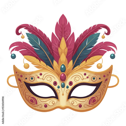 An ornate masquerade mask with feathers and jewels, perfect for websites or blogs about parties, costumes, theater, or cultural events like Mardi Gras.