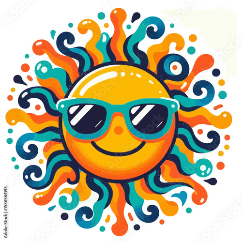 cheerful cartoon sun with sunglasses and colorful rays, perfect for websites or blogs on summer, vacations, good vibes, or outdoor activities.