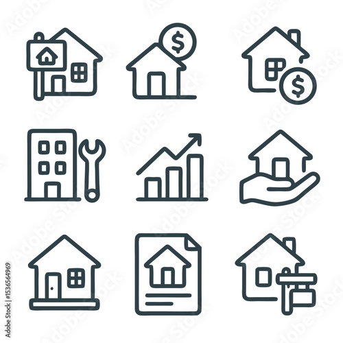 Real Estate Icon Set houses, building, graph. Suitable for real estate presentations, websites, infographics, and property related marketing materials.