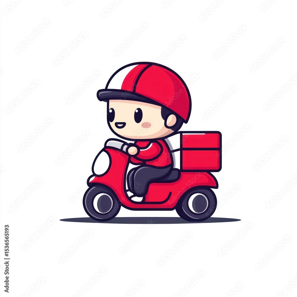 Cartoon delivery person on a red scooter with a delivery box, isolated on white Cartoon delivery person on a red scooter with a delivery box, isolated on white