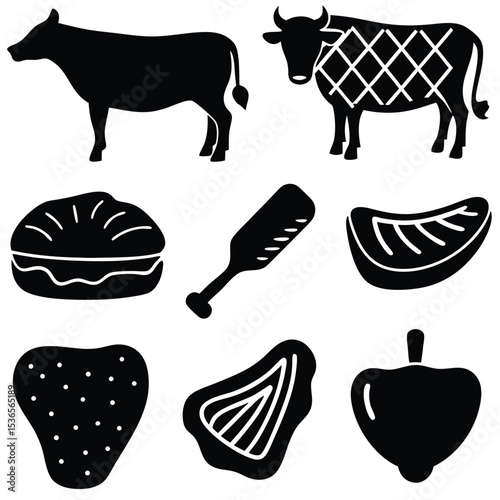 Vector illustration of farm animals and food items in a minimalist black and white style