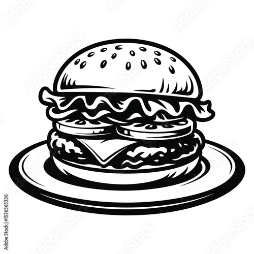 Burger with toppings on plate in stylized black and white vector, minimal food illustration with bold linework

