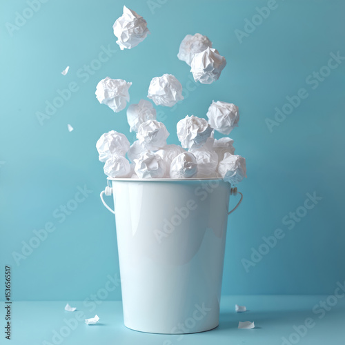 White crumpled paper balls filling wastebasket against blue background. Trash bin full of wadded paper. Concept of idea failure discard rubbish removal in office.