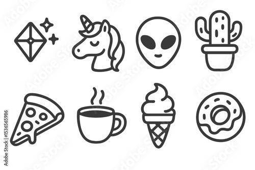 Sticker Icon Collection. Line style icons of stickers: diamond sparkle sticker, unicorn head sticker, alien face sticker, cactus
