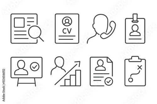 HR Line Icons. Line style icons of HR and recruitment: job ad, CV document, interview call, recruiter badge, hiring board, career