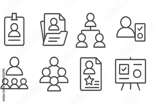 Team Management Icons. Line style icons of team management: employee badge, HR file, team hierarchy, task delegation, leader icon,