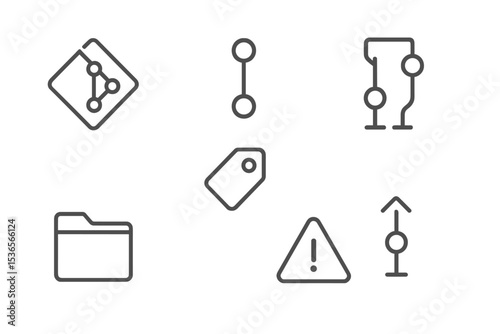 Version Control Icons. Line style icons of version control: Git logo, commit symbol, merge branch, pull request, repo folder,