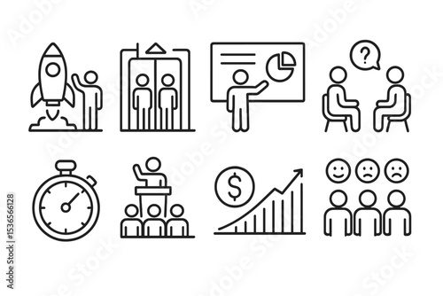 Startup Pitch Icons. Line style icons of startup pitching: startup stage, elevator pitch, presentation deck, investor Q&A, pitch