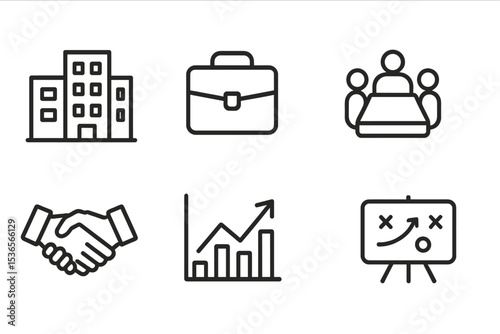 Business Essentials Icons. Line style icons of business essentials: office building, briefcase, meeting room, business deal,