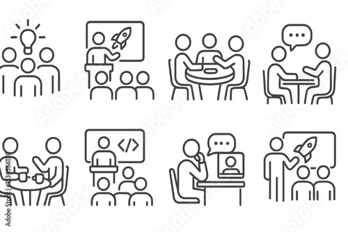 Startup Networking Icons. Line style icons of startup networking: startup meetup, pitch event, founder dinner, mentorship session,