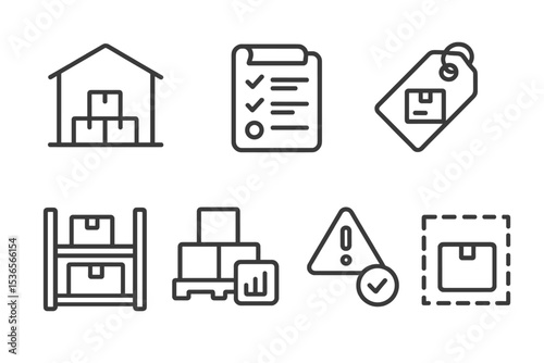 Warehouse Line Icons. Line style icons of warehouse and stock: warehouse icon, inventory list, product ID, shelf icon, stock level