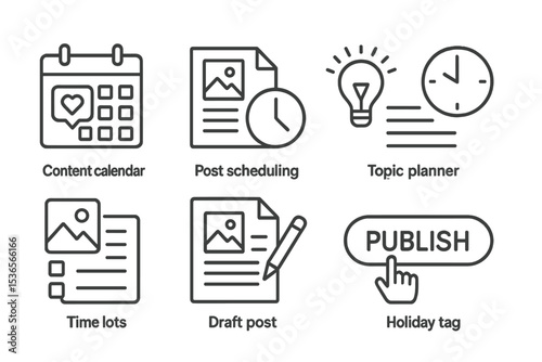 Social Media Planning Icons. Line style icons of social media planning: content calendar, post schedule, topic planner, time slot,