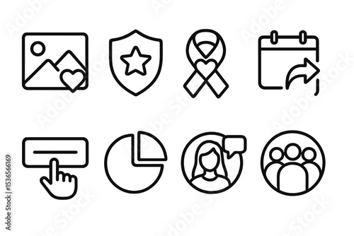 Social Campaign Icons. Line style icons of social campaigns: awareness post, challenge badge, cause icon, event share, call to