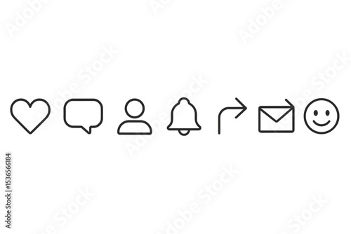 Social Media Icons. Line style icons of social media interactions: like button, comment bubble, repost arrow, follow icon,