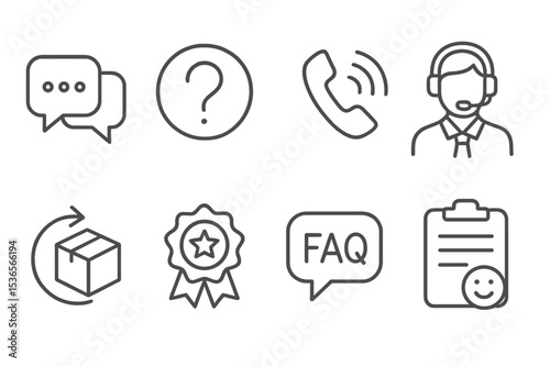 Customer Support Icons. Line style icons of customer support: live chat, help center, contact icon, support agent, return policy,
