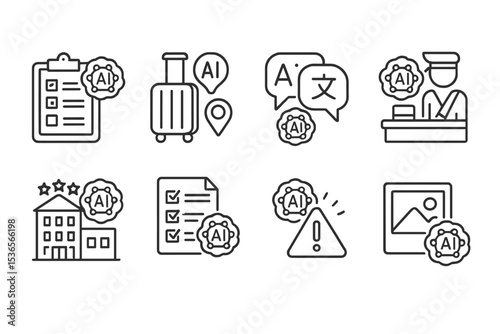 AI Travel Icons. Line style icons of AI in travel: AI itinerary planner, smart luggage tracker, language helper, customs guide,