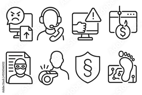 Cybercrime Awareness Icons. Line style icons of cybercrime awareness: cyberbullying report, fraud hotline, online abuse alert,