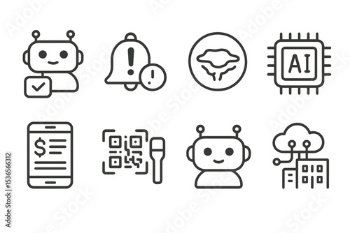 City Service Icons. Line style icons of city service automation: request bot, utility schedule alert, pothole report icon, permit