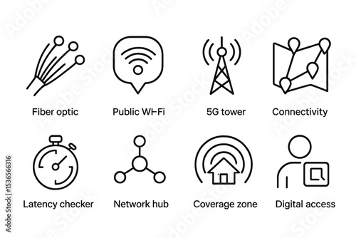 City Connectivity Icons. Line style icons of city connectivity: fiber optic icon, public Wi-Fi spot, 5G tower, connectivity map,