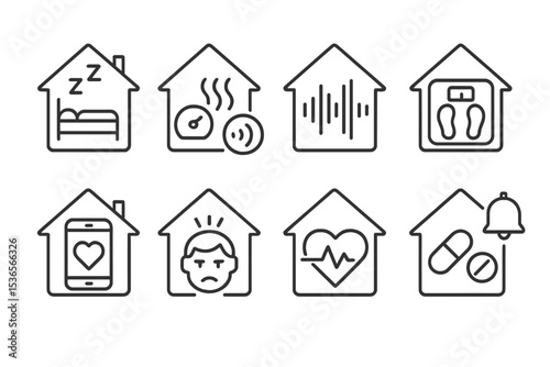 Home Health Monitoring Icons. Line style icons of home health monitoring: sleep tracker, air quality sensor, noise level meter,