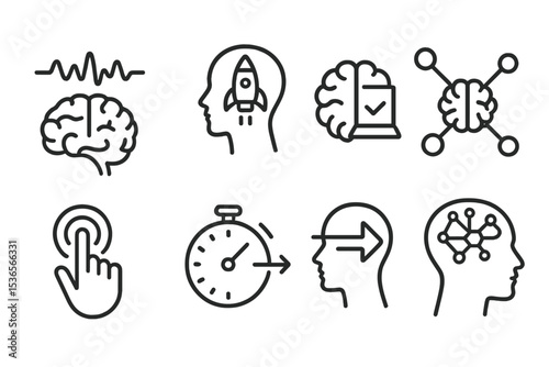 Neurodesign Line Icons. Line style icons of neurodesigners: brainwave graph, focus booster, UX brain test, cognitive node, trigger