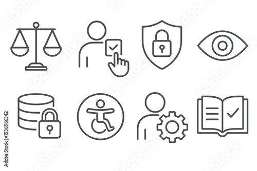 Ethical Design Icons. Line style icons of ethical design principles: fairness scale, user consent, privacy shield, transparency