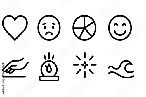 Emotional Design Icons. Line style icons of emotional design: heart icon, empathy face, mood color, smiley face, comforting hand,