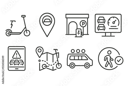 Urban Mobility Icons. Line style icons of urban mobility solutions: electric scooter, ride-hailing icon, mobility hub, traffic