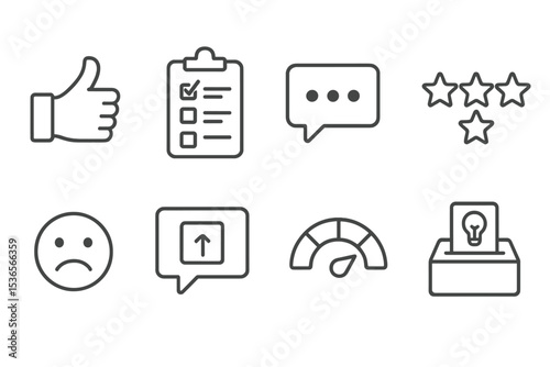 Feedback Mechanism Icons. Line style icons of feedback mechanisms: thumbs up, survey form, comment box, rating stars, reaction