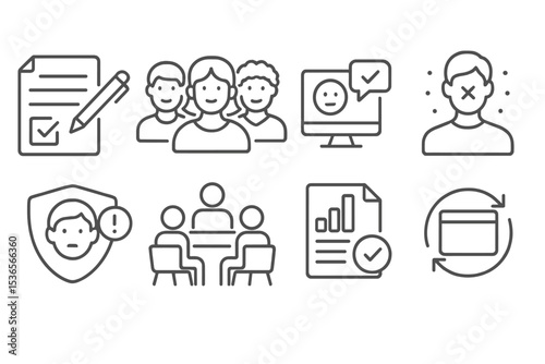 Ethical User Testing Icons. Line style icons of ethical user testing: consent form, diverse testers, test feedback, data