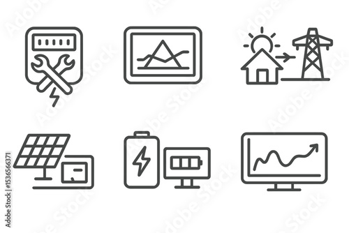 Smart Home Icon Set. Line style icons of smart home maintenance: smart meter diagnostics, load balancing chart, electricity usage