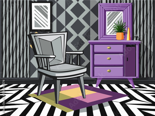 vector of Real photo of gray wooden chair on patterned rug, black and white in creative living room interior with purple geometric wall and dresser.