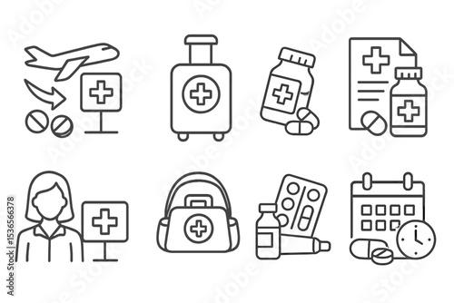Medical Travel Essentials Icons. Line style icons of medical tourism: travel pharmacy, medical kit in luggage, emergency
